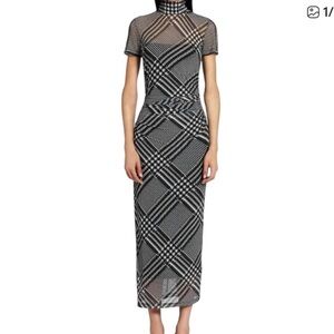 Amanda Uprichard Houndstooth Plaid Short Sleeve Black White Maxi Dress